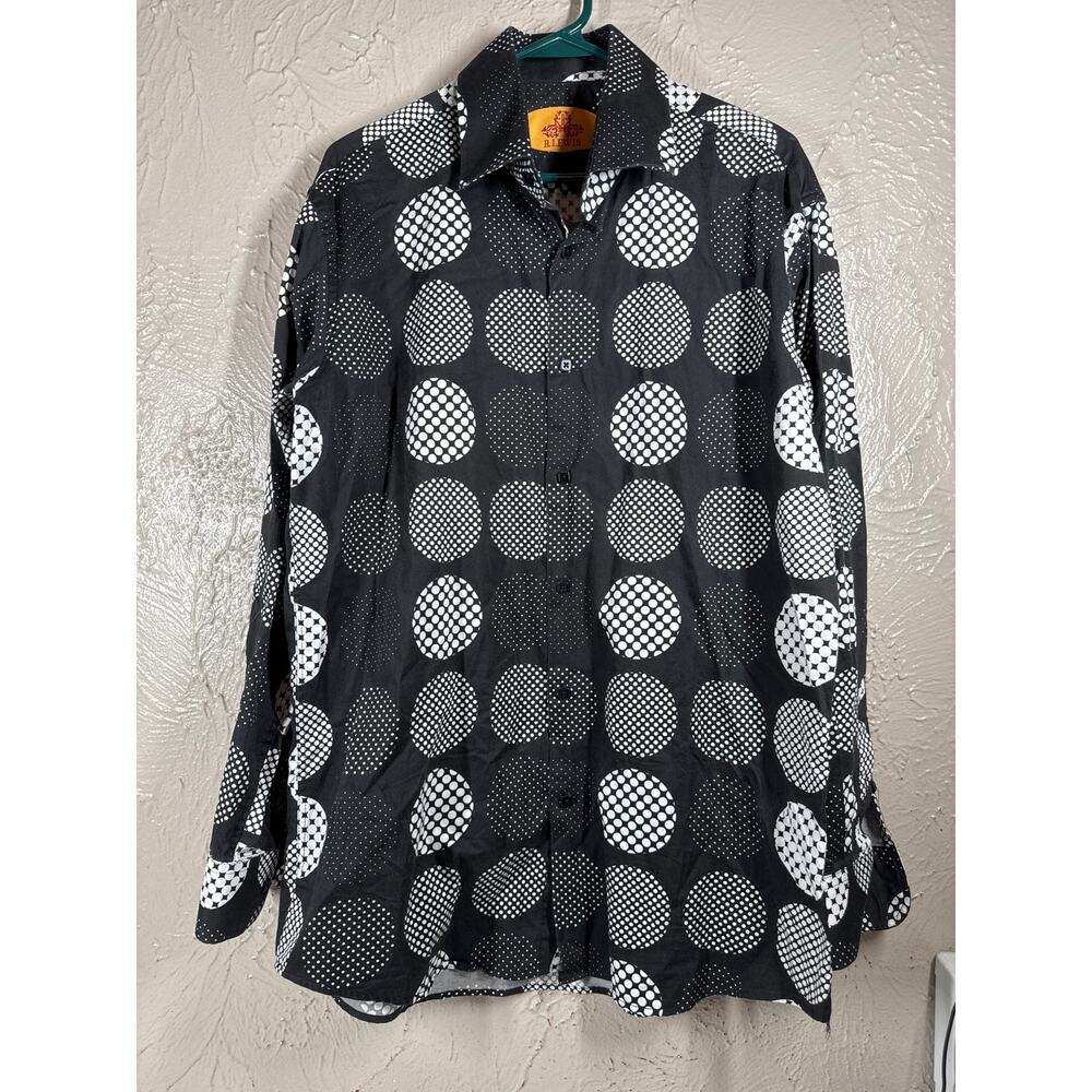 R. Lewis Black White Circle Polka-Dot Button‎ Up Dress Shirt Mens Size Large